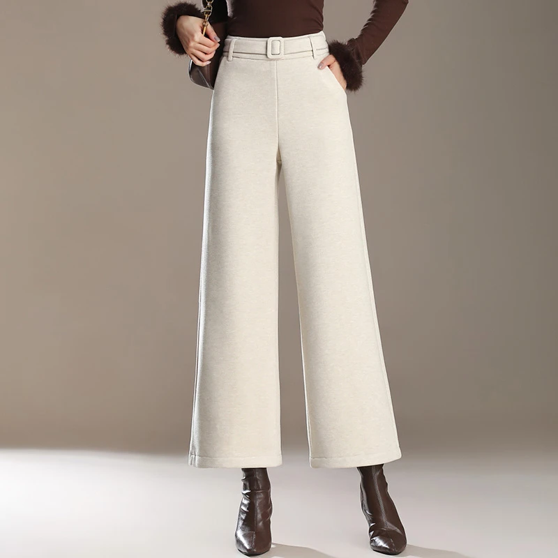 白色羊绒阔腿裤女2024年秋冬新款高腰韩版显瘦宽松直筒毛呢九分裤