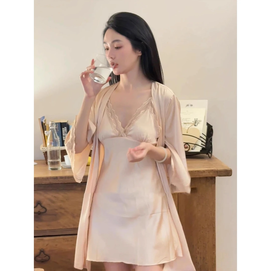 法式轻奢纯欲性感冰丝缎面吊带睡裙女夏季大码亲肤舒适家居服套装