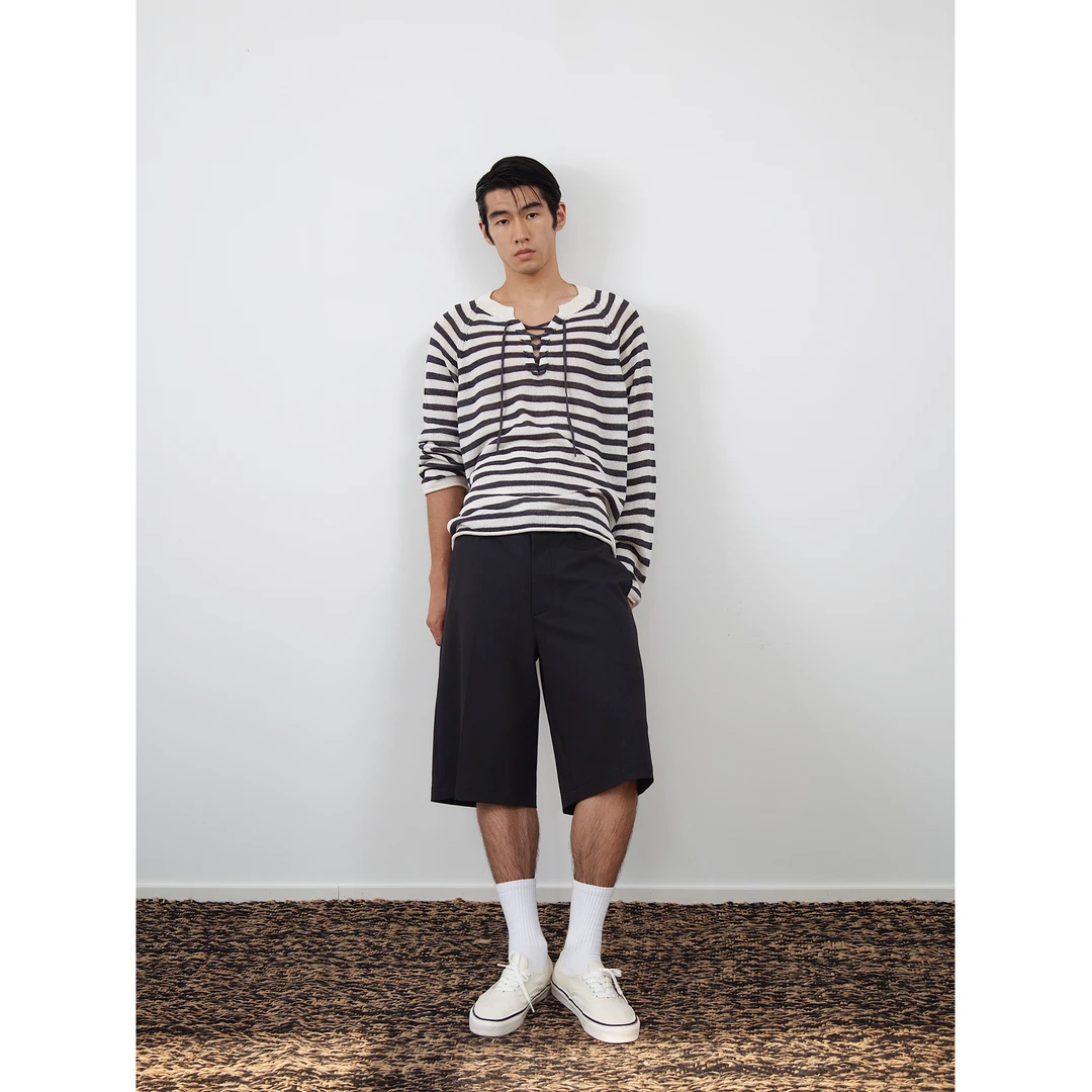 weave【现货】米白黑条纹亚麻绑带针织简约宽松V领长袖上衣T恤