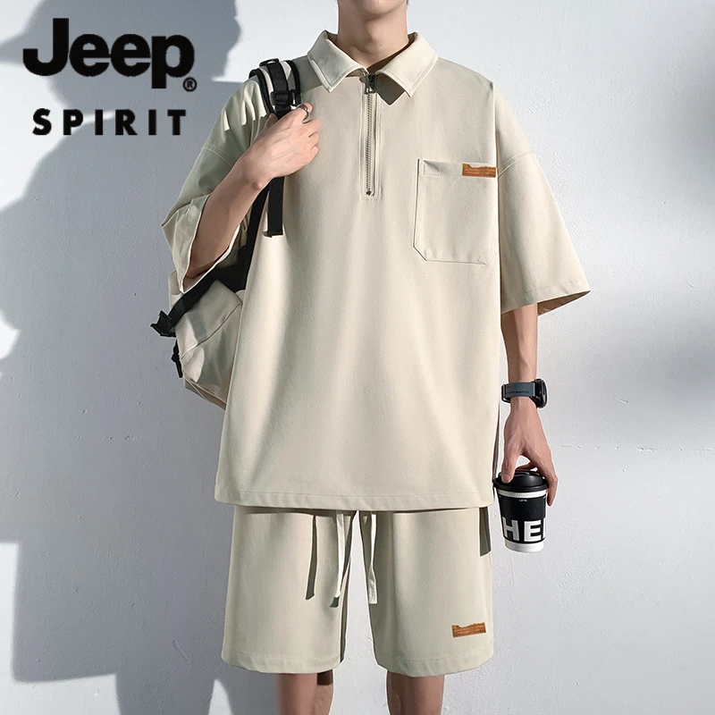JEEP SPIRIT新款夏季透气大码青年休闲套装短袖T恤配五分裤运动聚