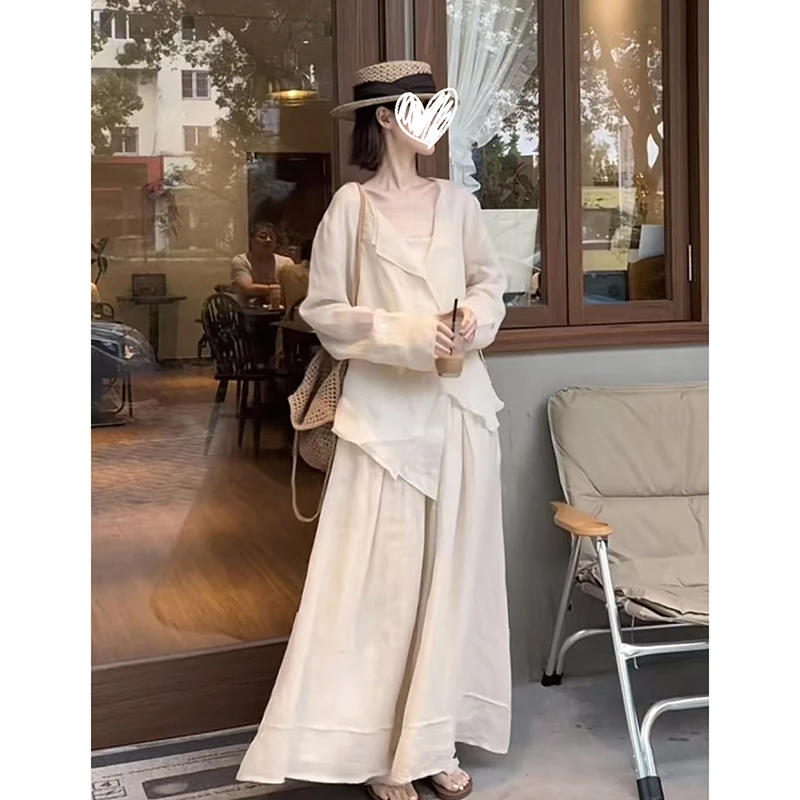 贝壳扣系带喇叭袖文艺小衫衬衣双层仙女风下摆褶皱半身裙套装