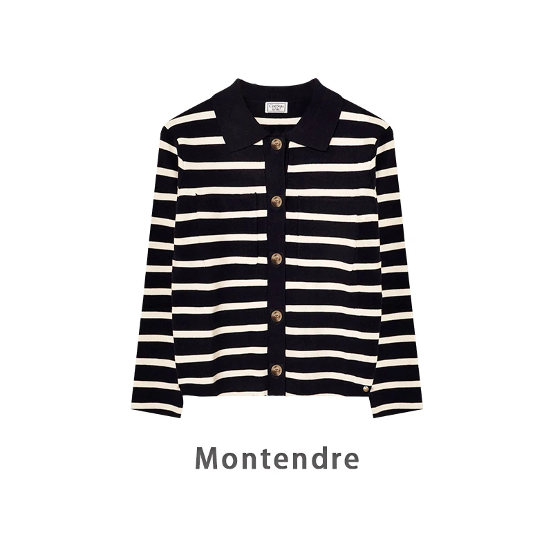 【Montendre】秋冬新款 C 通勤宽松混纺条纹单排扣撞色圆领针织开衫