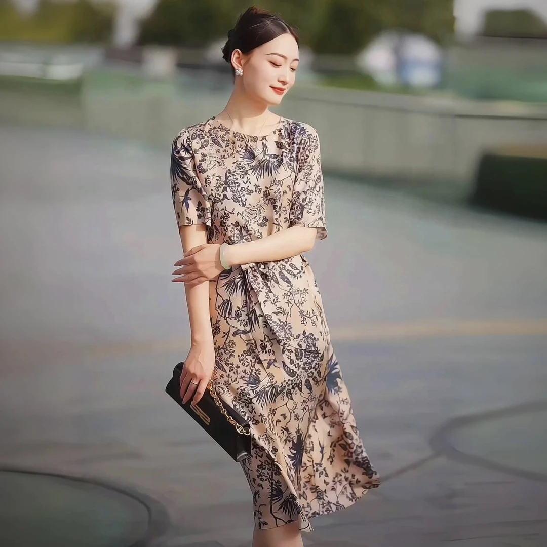 『金澜玫瑰』22姆米斜纹绸定制玫瑰金粉桑蚕丝连衣裙 XGX254-25867