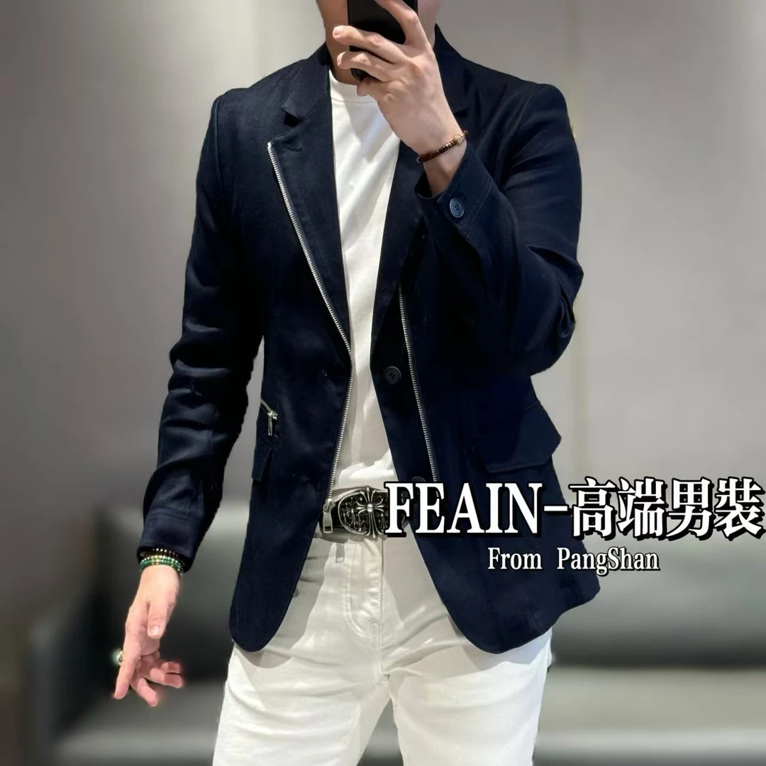 高端男士亚麻定制两种穿法立体修身拉链点缀中山装小西装6011