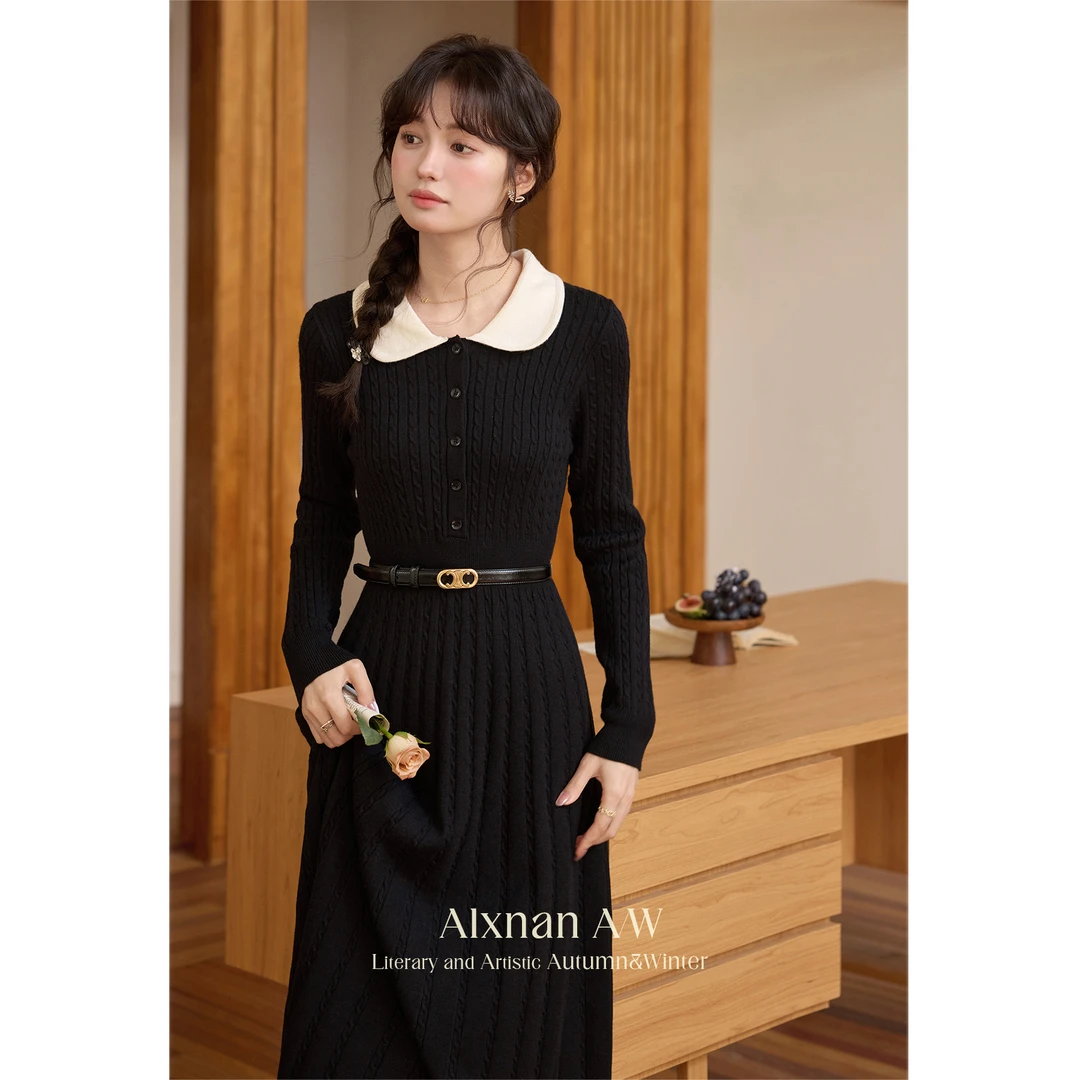 鹿向南「浪漫华尔兹」黑色针织连衣裙女2024冬季新款气质显瘦裙子