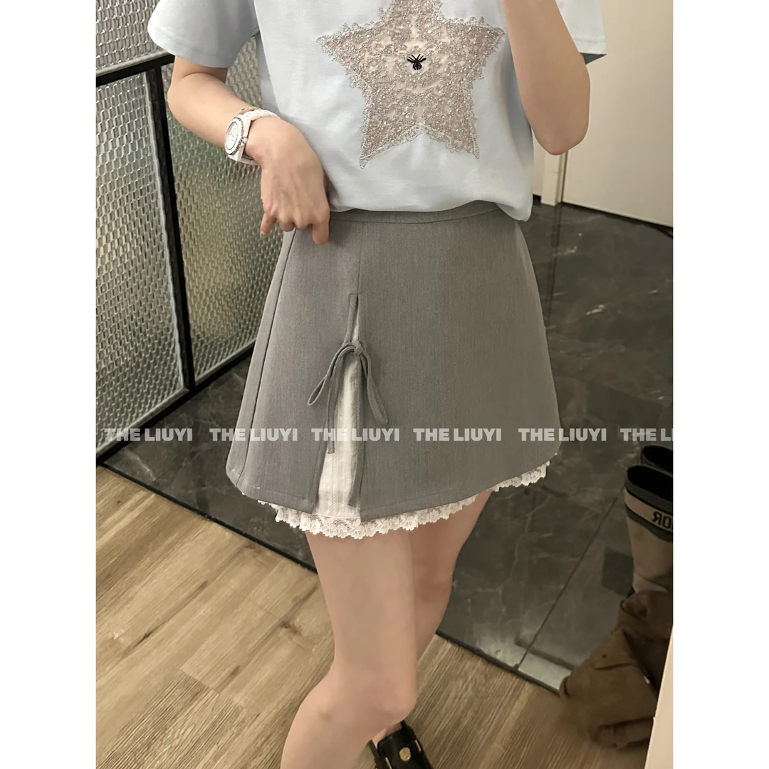 【LIUYI】花房半裙~高腰拼接花边A字半身裙53071