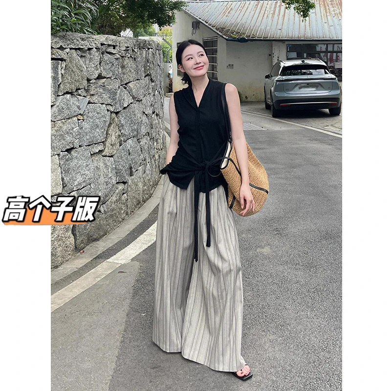 裤长112cm高个子加长老钱风松弛感慵懒条纹阔腿裤女垂感拖地裤子