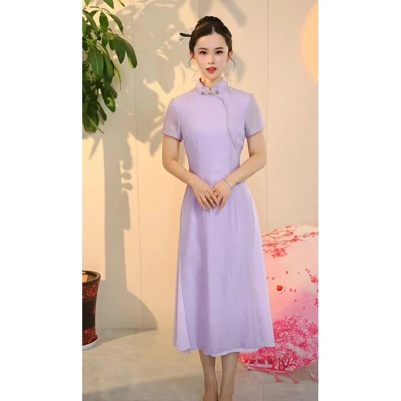 A102629,夏季新款新中式简约民国风纯色素雅奥黛改良旗袍裙中国风