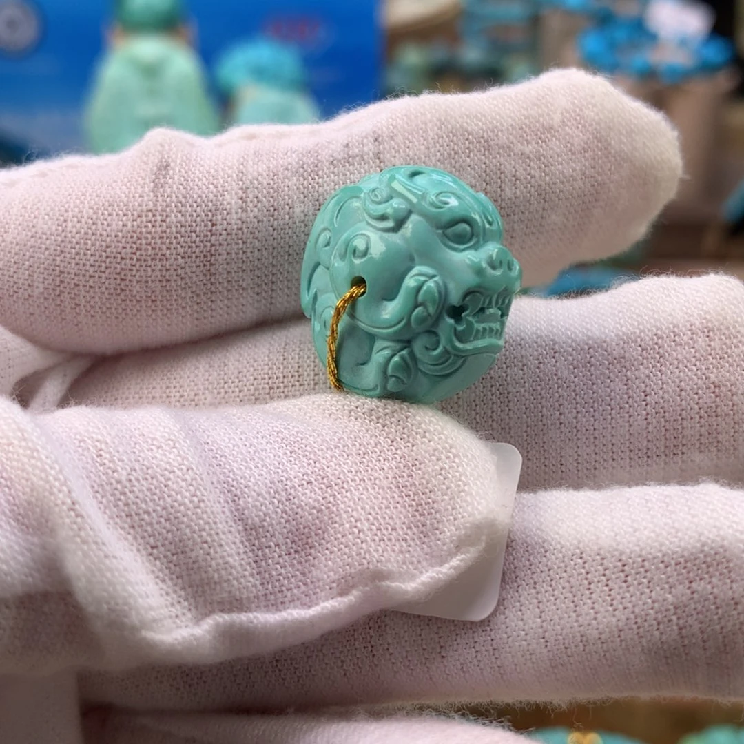 绿松石未镶嵌珠宝奇石高瓷绿貔貅珠19.6*12.5mm