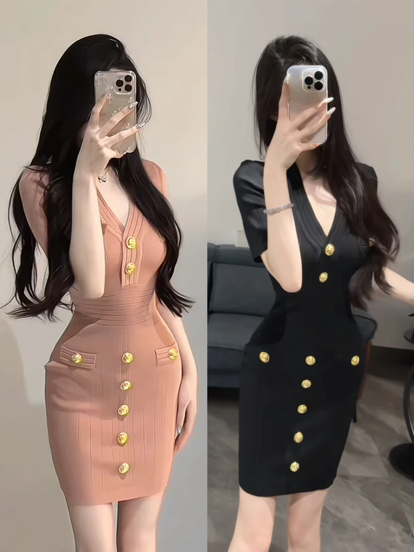 法式气质姐姐自带矜贵感定制金属扣连衣裙女夏季轻薄收腰包臀裙子