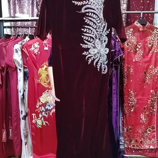 酒红色金丝绒圆领重工长款鱼尾裙2xl100-120斤4xl130-140斤