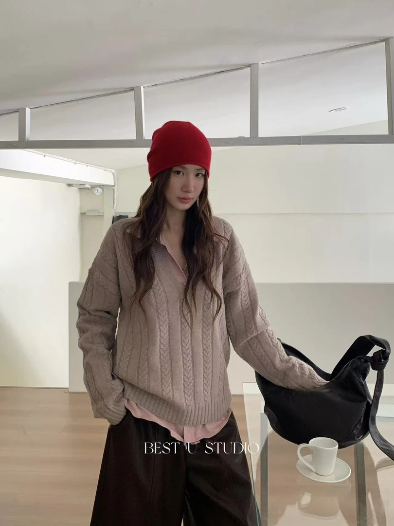 米古古 BEST U#8166-福 复古可扭皱设计感花边长袖衬衣（衣长68）