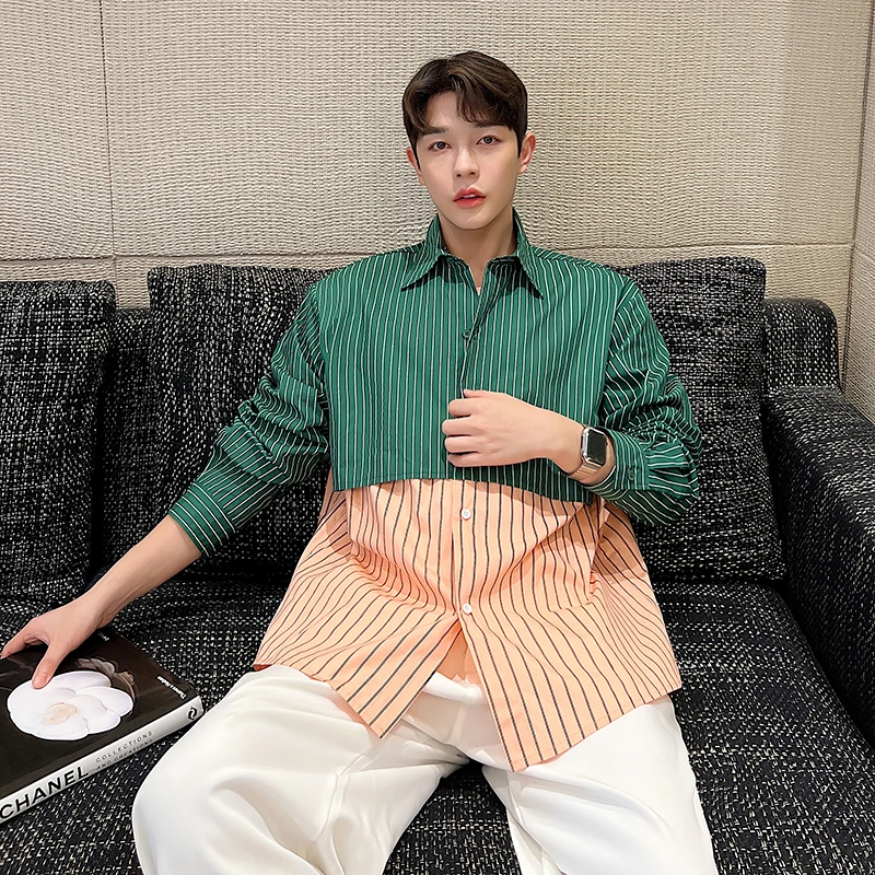 H1668条纹拼接长袖衬衫时尚潮流穿搭造型设计上衣