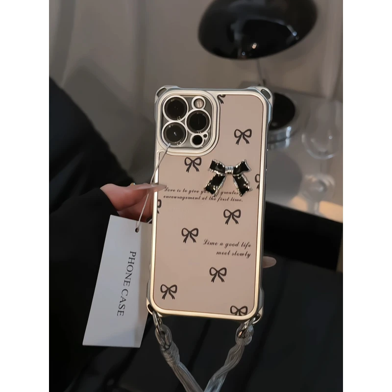 英文蝴蝶结适用苹果16pro电镀防摔iPhone15手机壳皮革挂绳女14/13