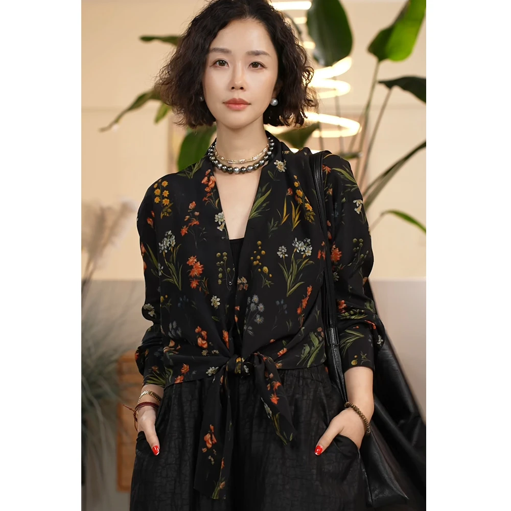 Y【叭哒不惑】假期 桑蚕丝不规则设计感碎花衬衫上衣女时髦百搭