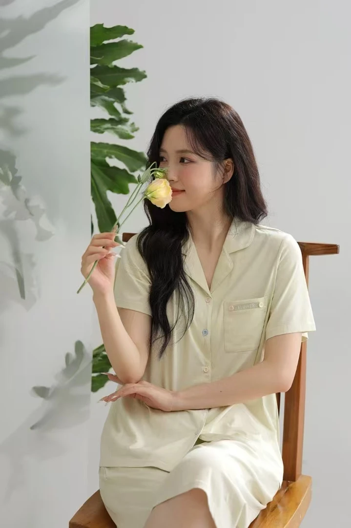 七分裤女衬衫领成人睡衣家居服套装宽松睡衣夏日慢人风