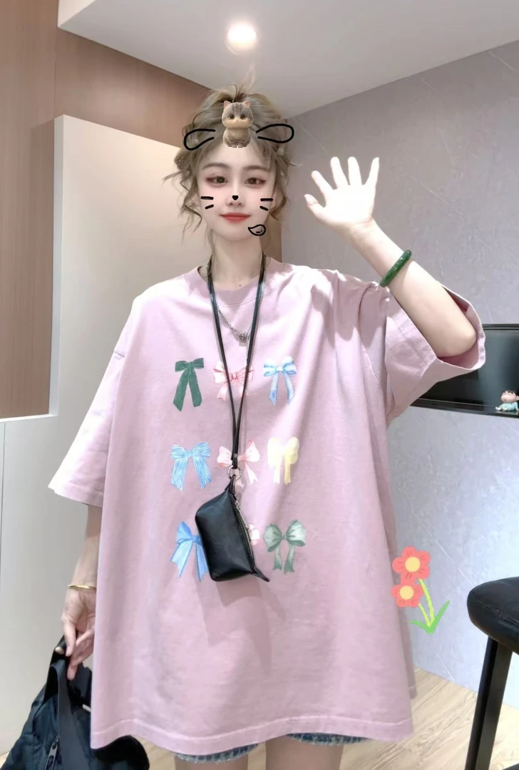 柚柚酱新款百搭休闲宽松时尚蝴蝶结图案做旧圆领短袖