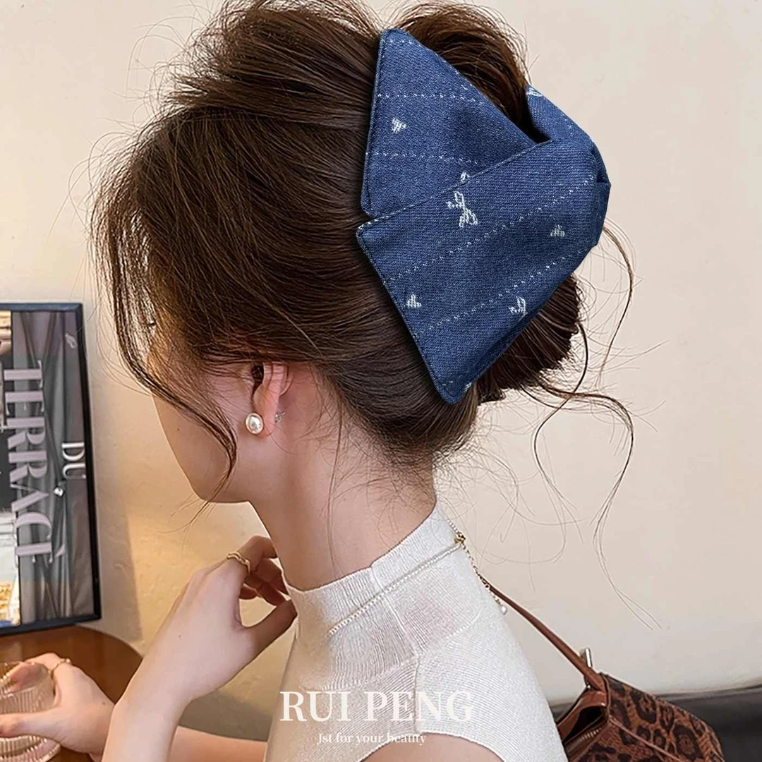 刺绣牛仔布三角赫本抓夹女2025新款高级感盘发夹后脑勺鲨鱼夹子