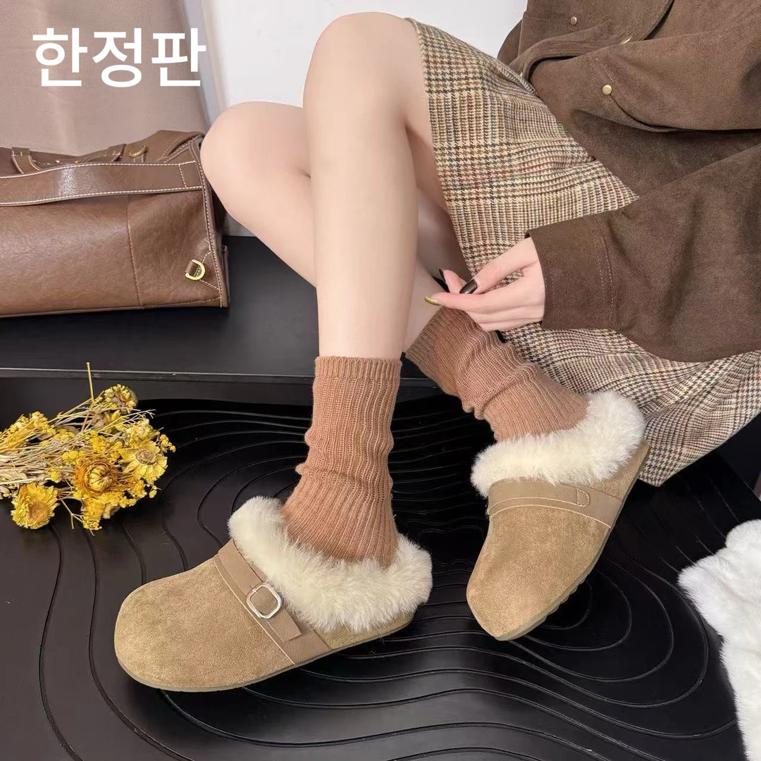 韩国신상품 珍妮姿/Janinzzi休闲风纯色毛边冬季加绒保暖博肯鞋