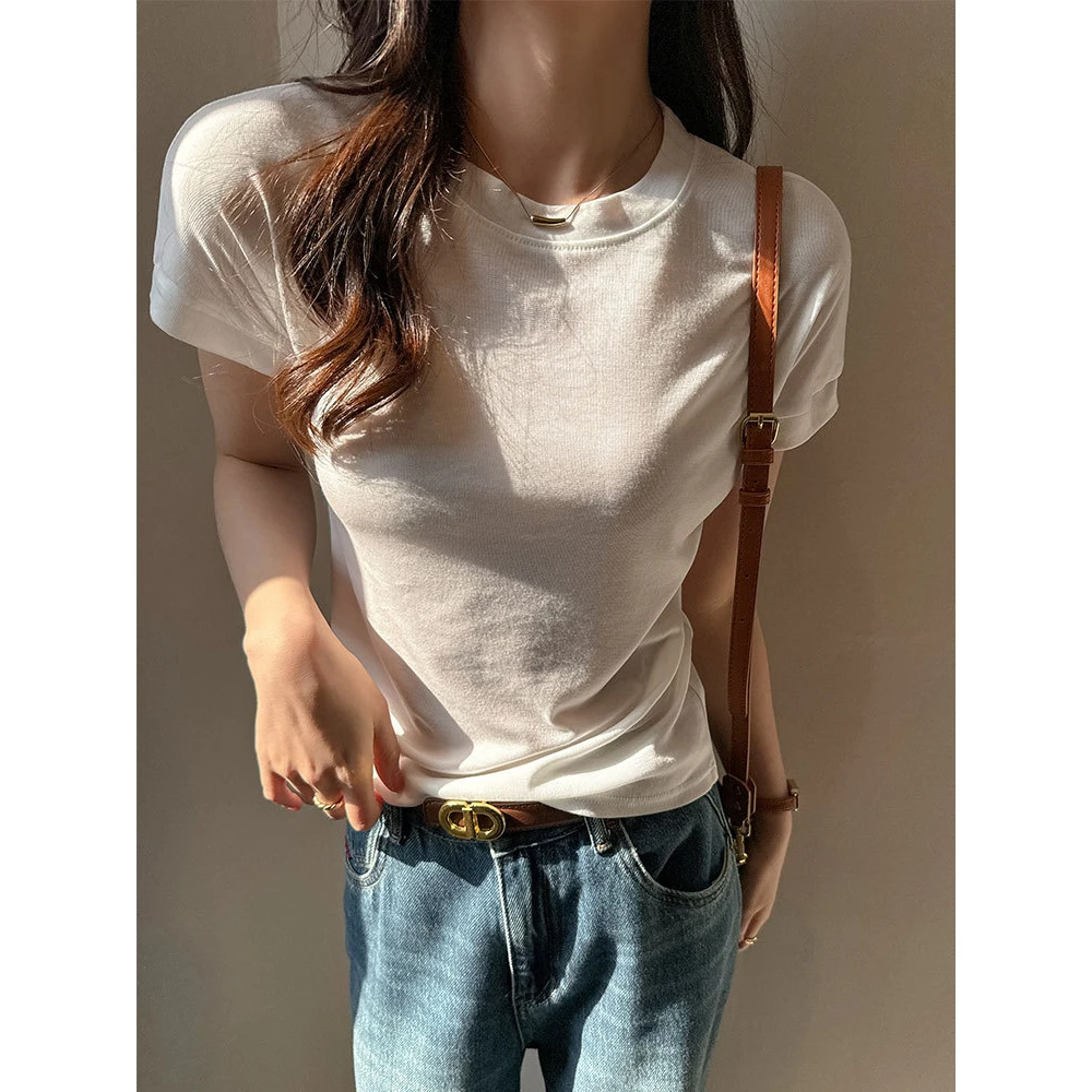 短袖上衣女春夏季莱赛尔天丝正肩高级感修身显瘦内搭遮肚子打底衫