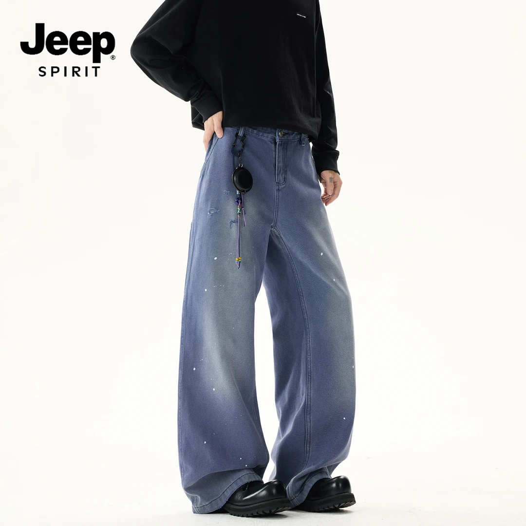 JEEPSPIRIT美式法工蓝牛仔裤男款秋季高街水洗阔腿直筒工装裤子