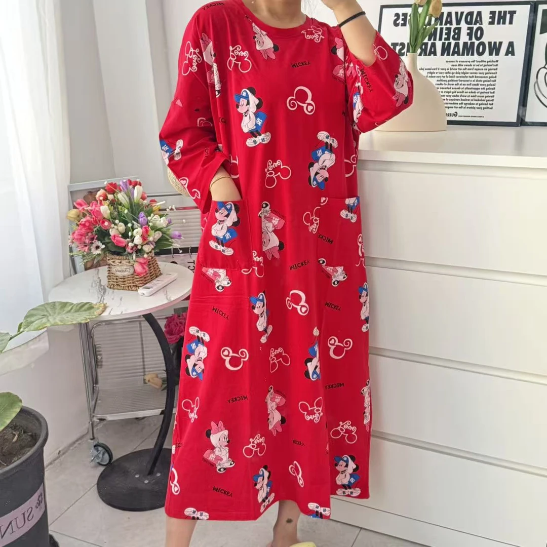 新年红喜庆短袖/七分袖合集中长款睡裙圆领长袖加肥加大秋冬睡裙