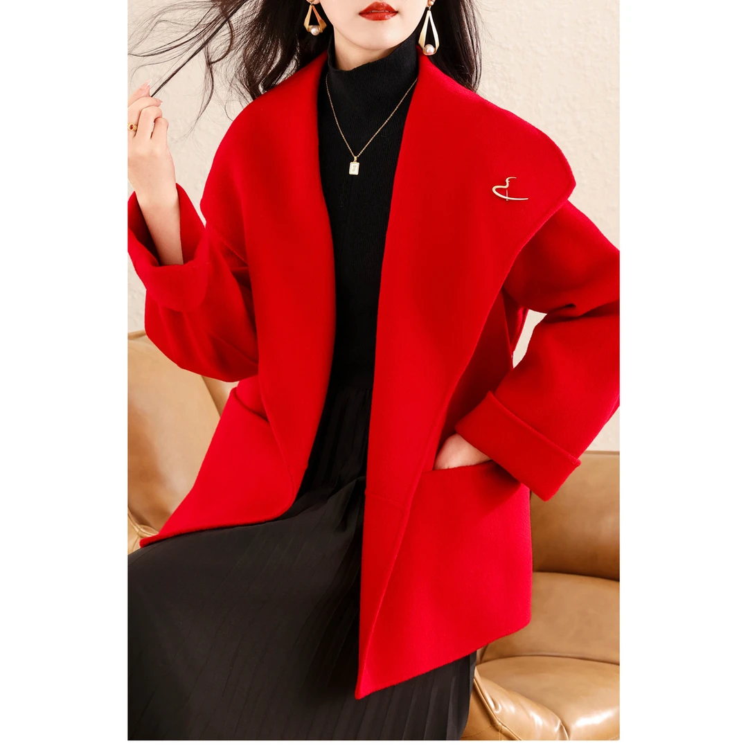 经典双面呢羊毛大衣女秋冬新款气质高端赫本风小个子系带毛呢外套