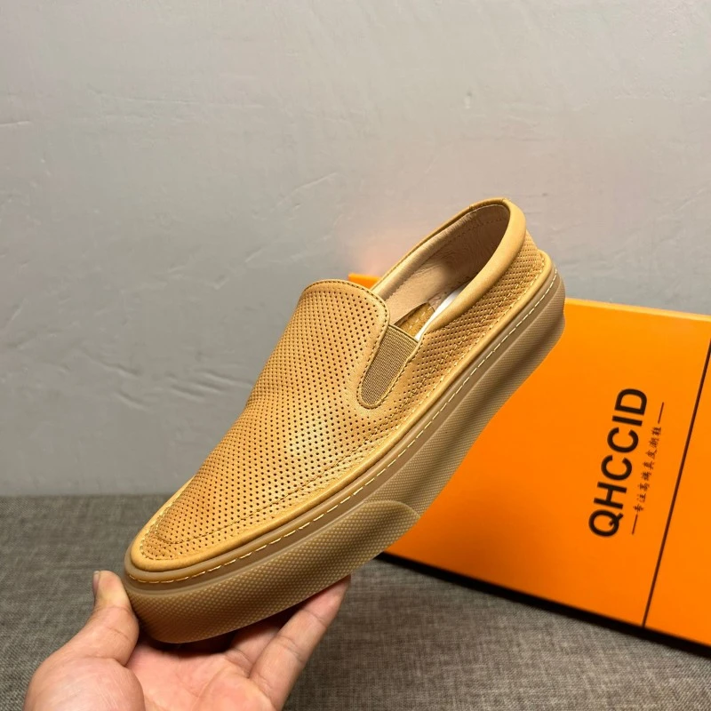 乐福鞋男夏季新款真皮一脚蹬懒人鞋男小白鞋镂空透气休闲豆豆鞋男