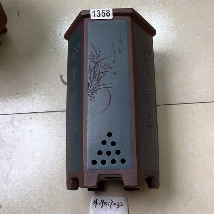 紫砂花盆  微瑕精品墨蓝六方签筒1358
