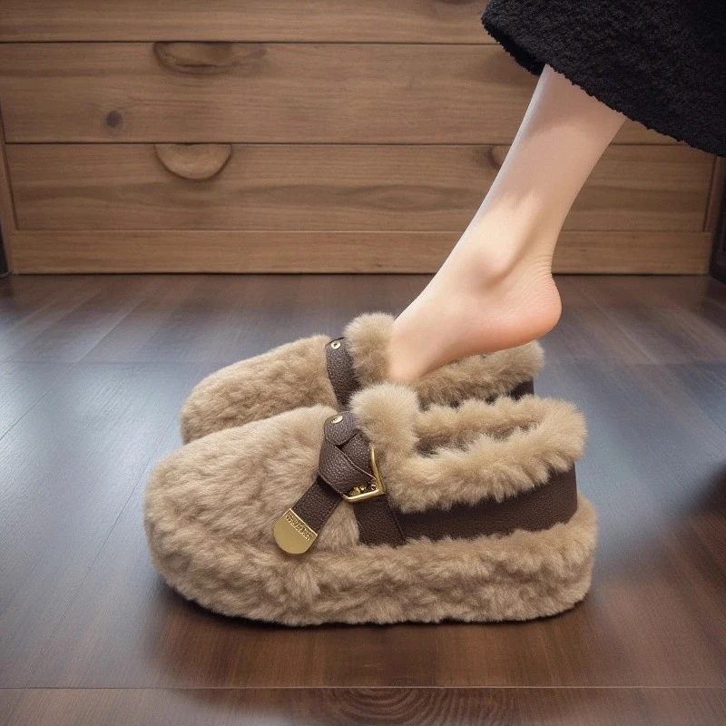 【羊羔绒】毛毛鞋女外穿2025新款冬季皮带扣厚底加绒保暖防滑棉鞋