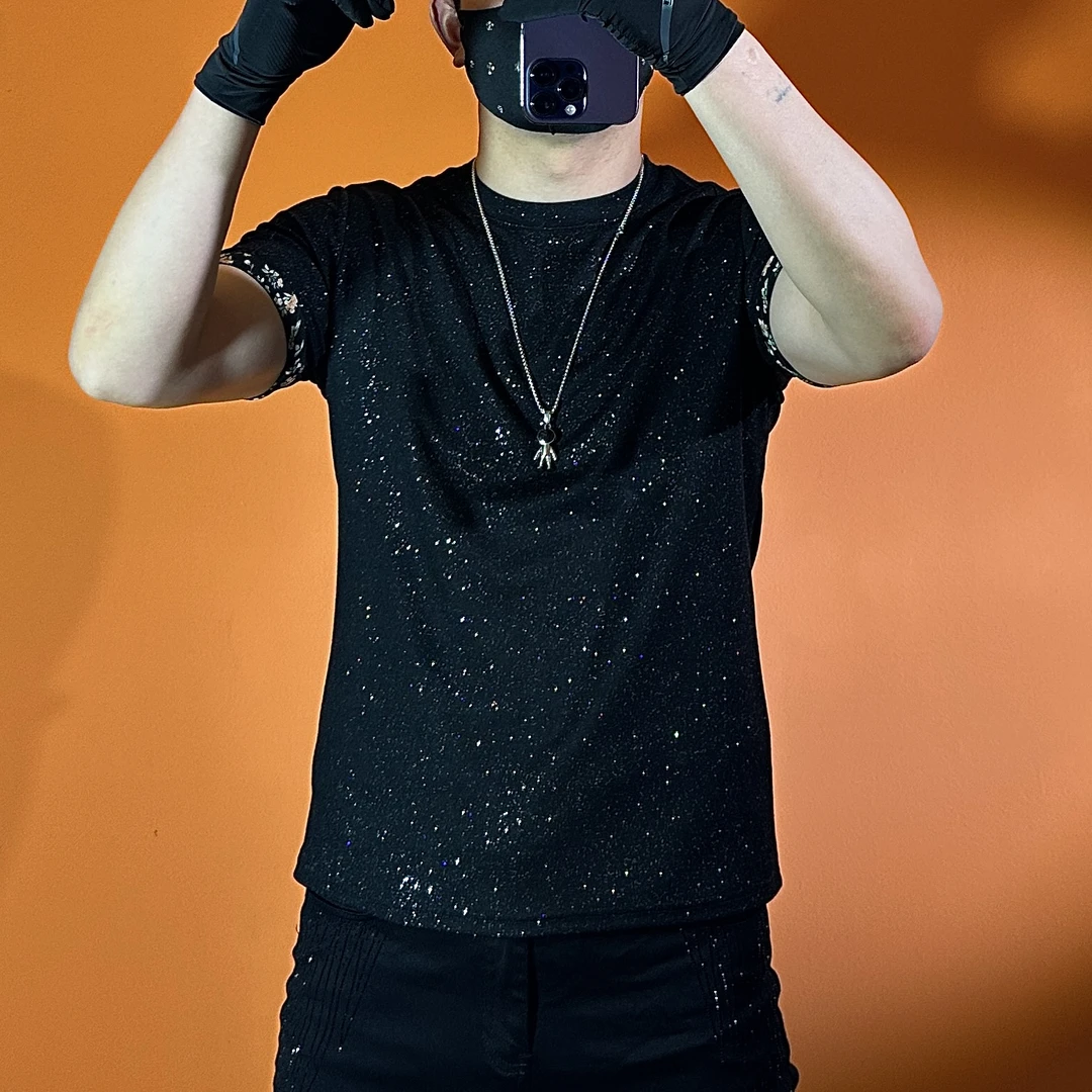 2025新款夏季限定潮流修身圆领满天星花边短袖2509