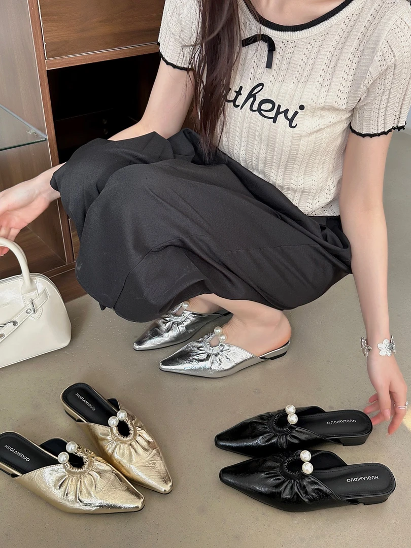 团团家 569-63 高级感~包头拖鞋女外穿时尚尖头凉鞋低跟女鞋气质