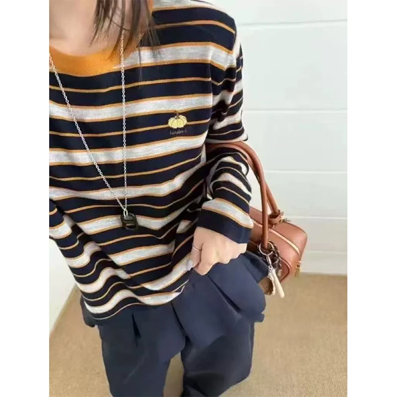 【丹姐家~南瓜刺绣】羊毛撞色条纹套头针织衫