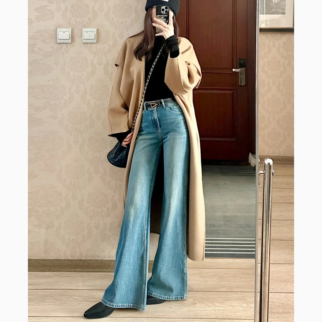 复古加绒微喇牛仔裤女2025年秋冬新款高腰显瘦不贴腿小个子喇叭裤