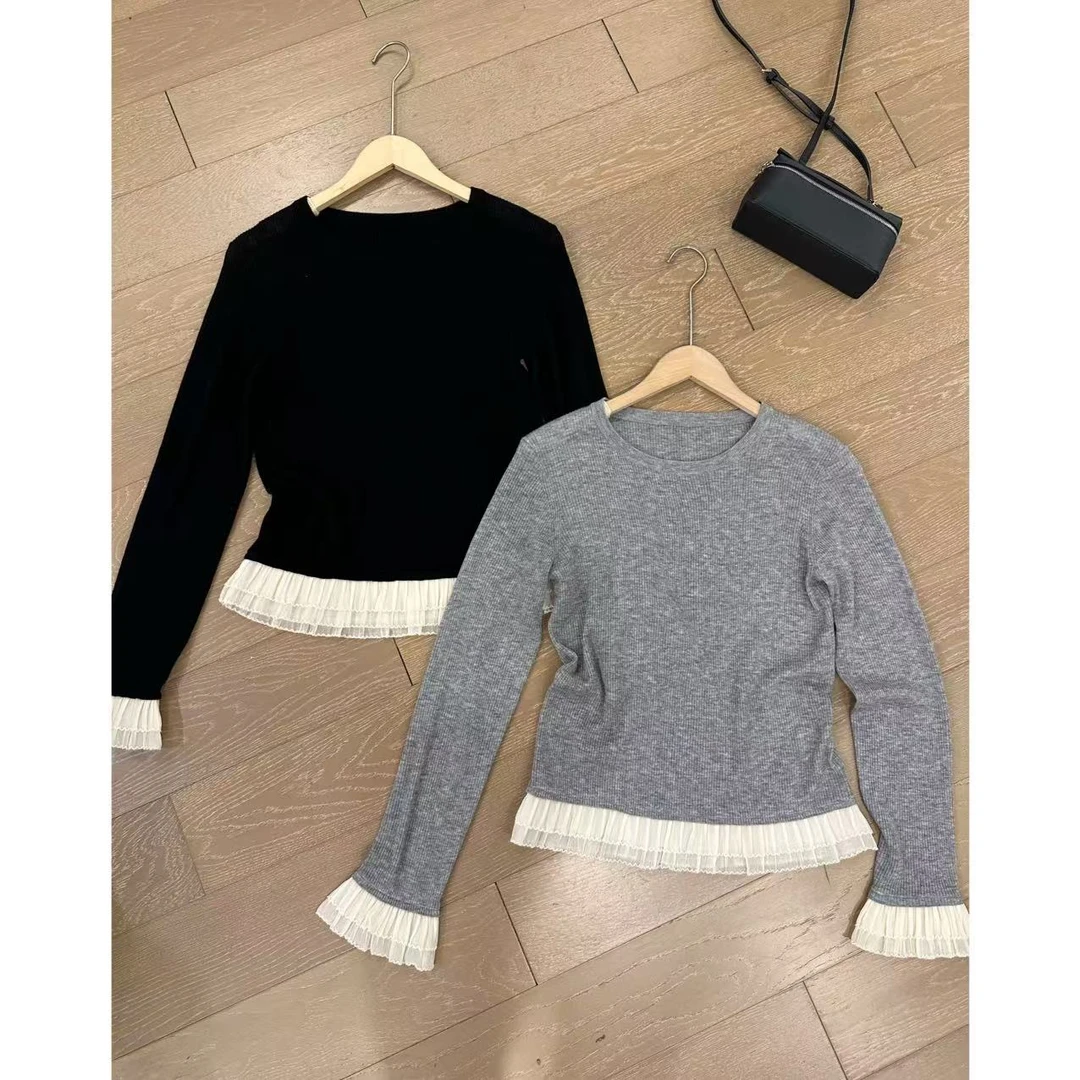 小静静一会【百褶拼接针织纱】2025春款圆领显瘦上衣 2502C546