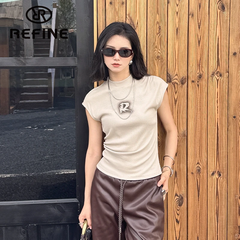 REFINE立范设计感抽褶圆领T恤小众别致收腰修身显瘦内搭上衣