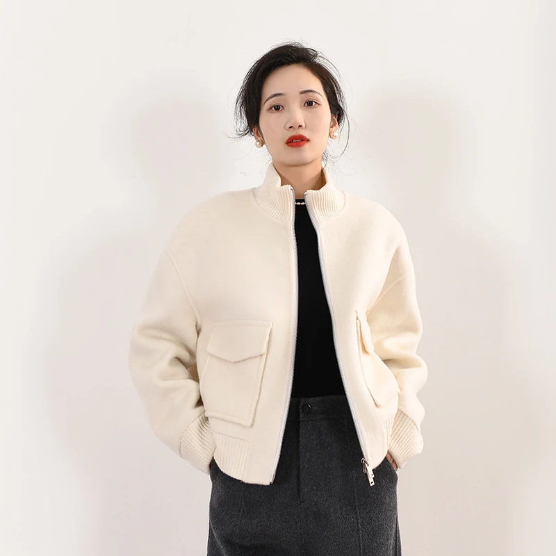 EKNR【100%绵羊毛】针织拼接立领毛呢外套女2025春季新款时尚百搭