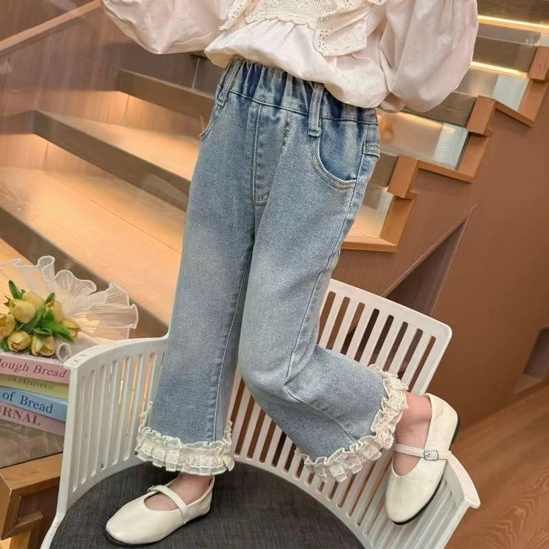 【新款爆品】女童秋季儿童牛仔裤女宝宝秋装喇叭裤花边休闲长裤百搭