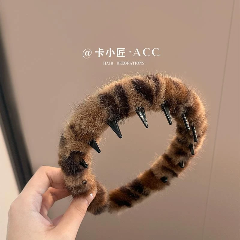 韩系覆古豹纹带齿毛绒发箍女款洗脸发卡高颅顶发饰头箍2025年秋冬
