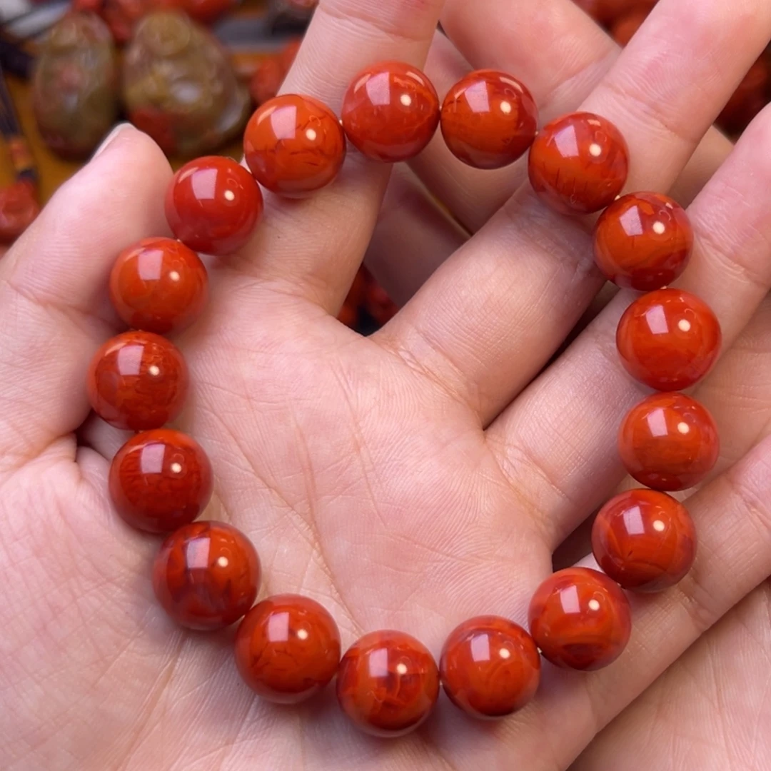 南红玛瑙未镶嵌川料瓦西12mm尺寸牛血火焰纹圆珠手串