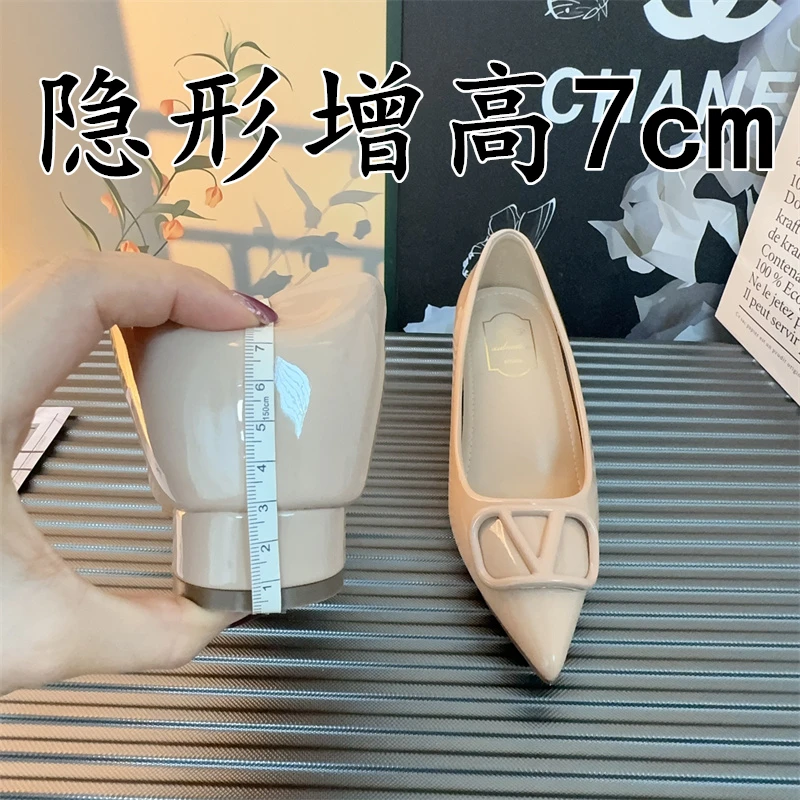 小个子真皮尖头单鞋女不累脚通勤法式绝美配裙子晚晚鞋内增高女鞋