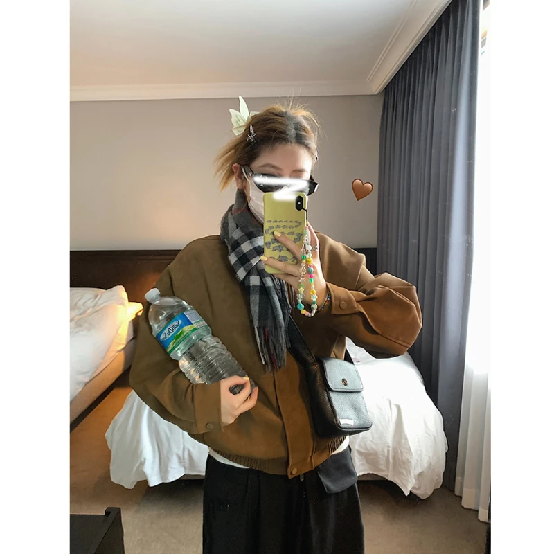 8876复古美式宽松鹿皮绒翻领外套秋季显瘦小个子夹克上衣女