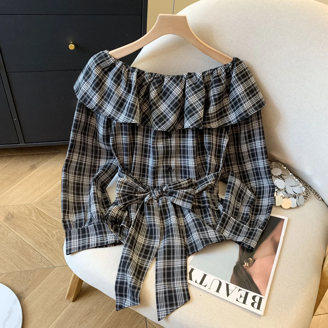 复古格子一字领衬衫女蝴蝶结收腰长袖荷叶边露肩上衣2025秋季新款