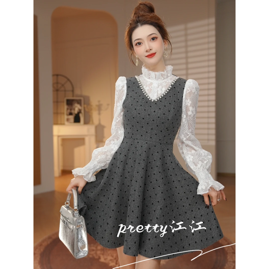 Pretty小众设计师品牌江江定制 法式时尚赫本风假两件连衣裙41163