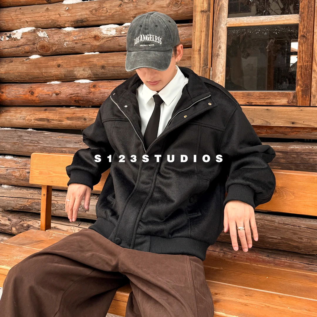 S123羊毛冬季假两件加厚保暖棉衣外套男高级感双层领夹克外套