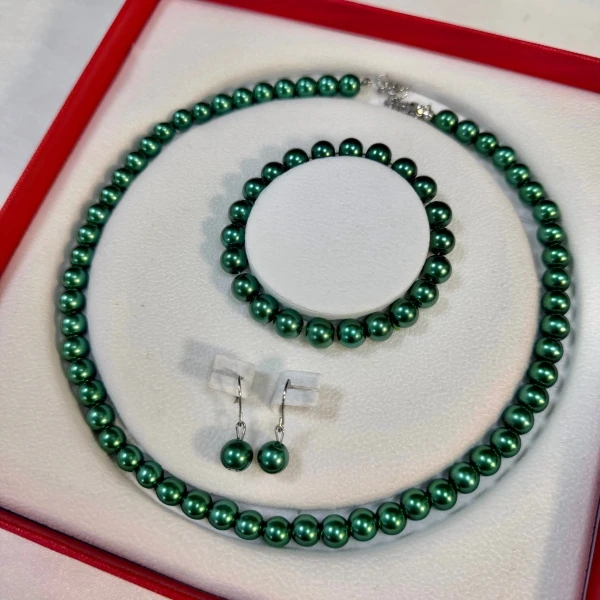 手工轻奢绿色手链耳钉项链百搭三件套ZD0105