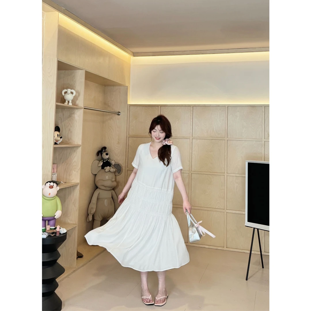 【岛屿情诗】设计感慵懒风不规则捏褶打揽宽松短袖连衣裙