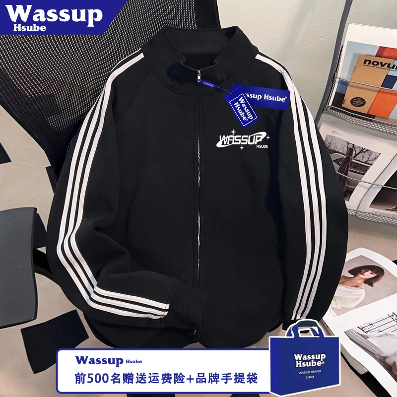 WASSUP HSUBE秋季开衫休闲字母印花全拉链卫衣男女新颖三条杠外套