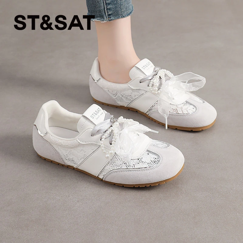 星期六透气德训鞋女士2025夏季夏季蕾丝休闲鞋女时尚复古珍珠女鞋