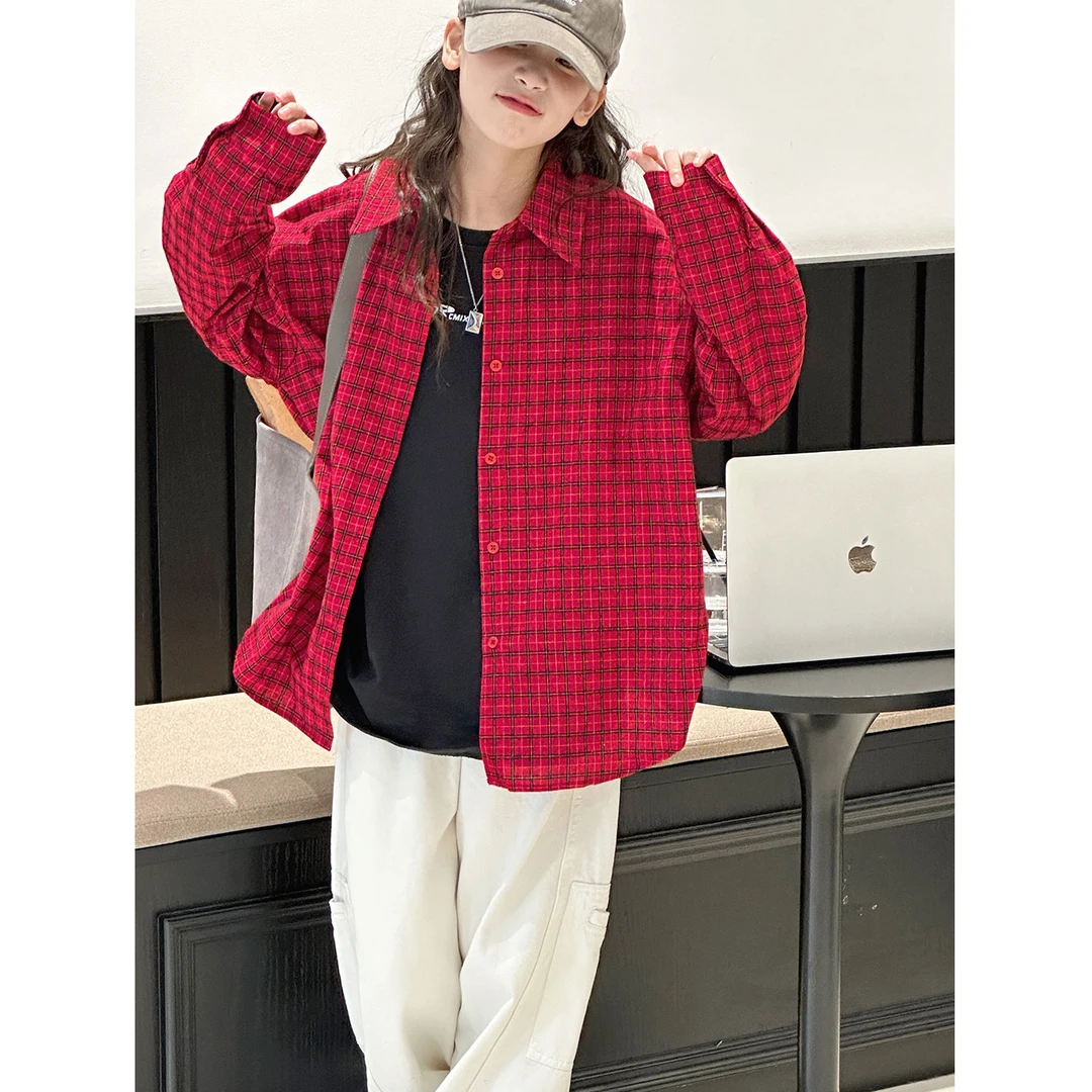 K29735孙小美韩系女童格子衬衫2025秋装新款儿童外套春秋女童上衣